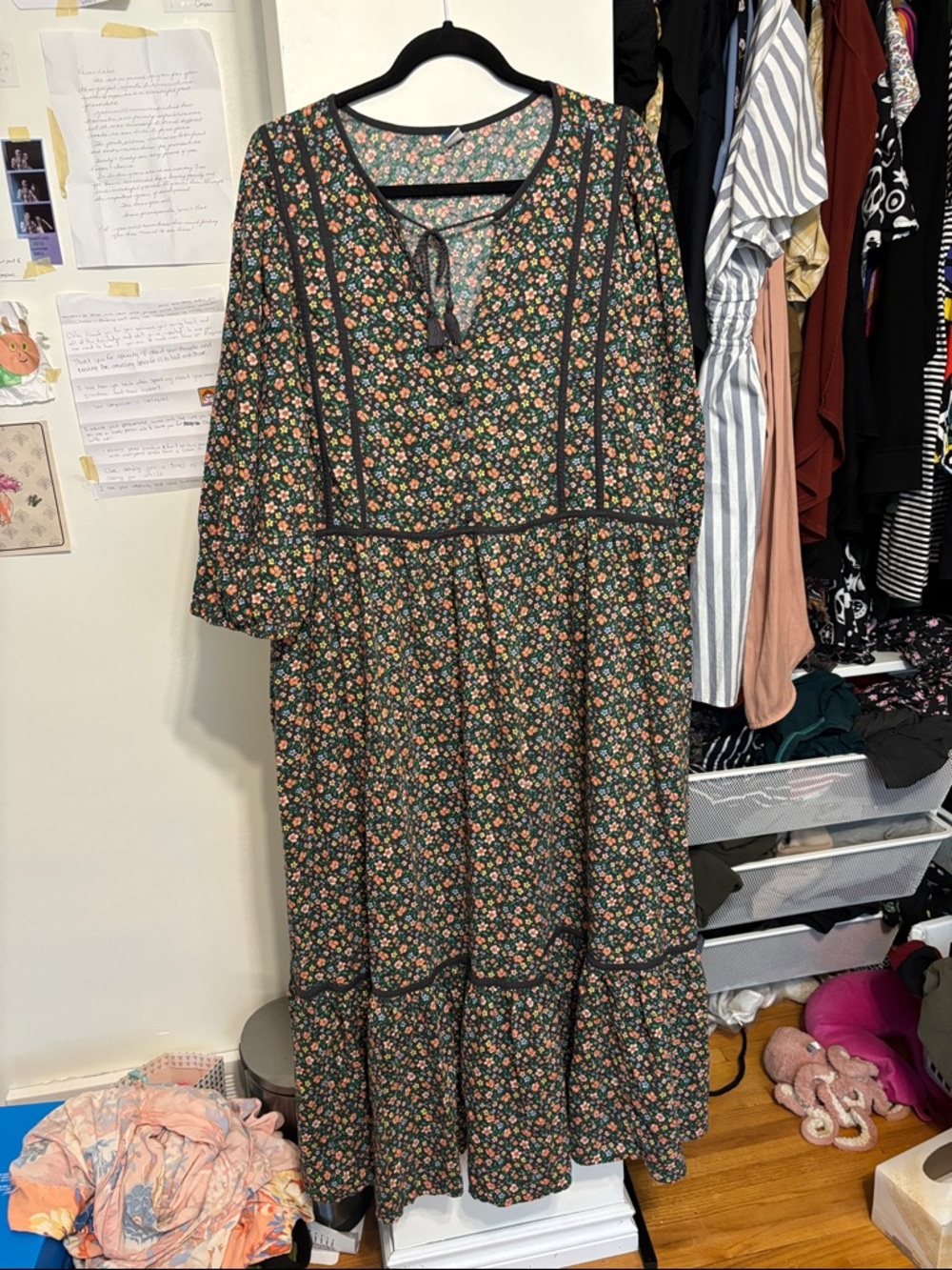 Old Navy Dark Green Floral Maxi Dress with Peach and Cream Flowers